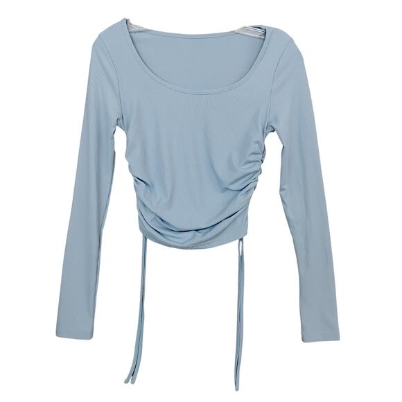 Shein Ribbed Blouse Size Small Blue Long Sleeve Ruched Sides Wide Round Neck - Picture 3 of 6
